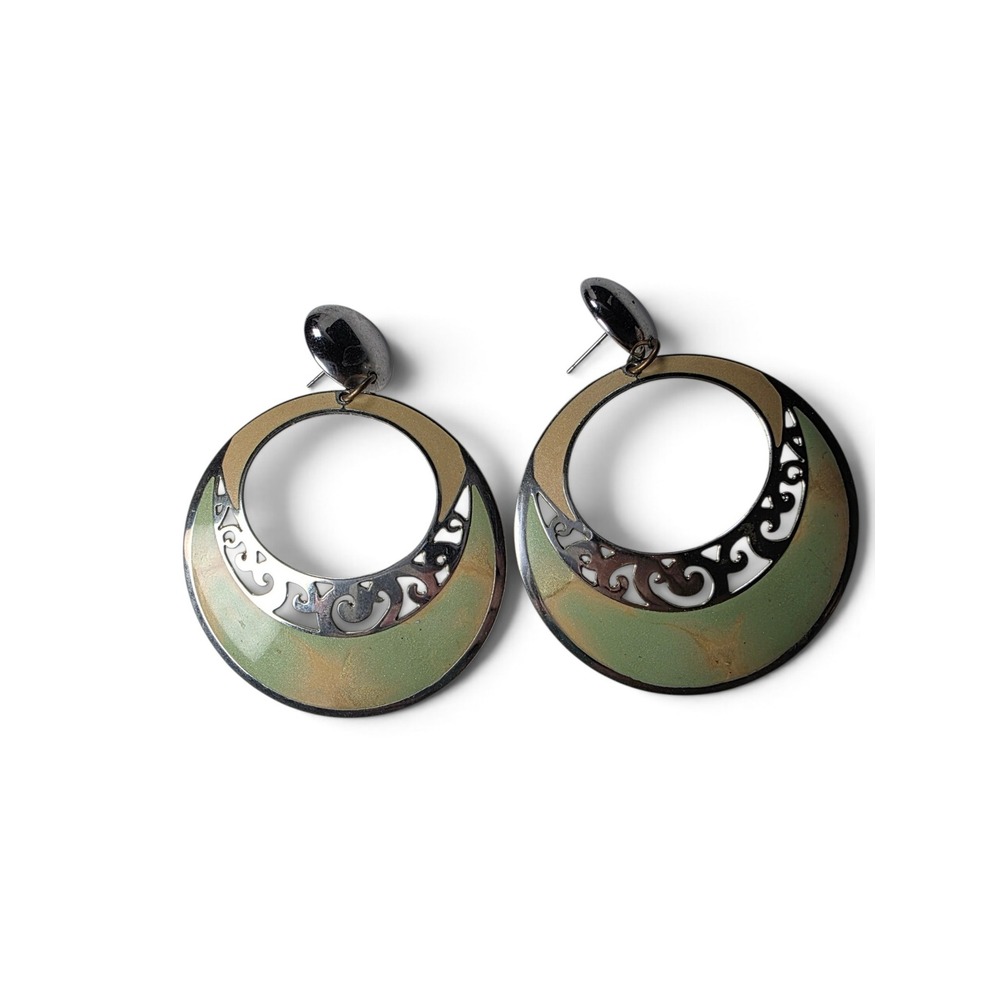 Vintage Boho Green Enamel Statement Hoop Earrings Scrollwork Southwestern Chic